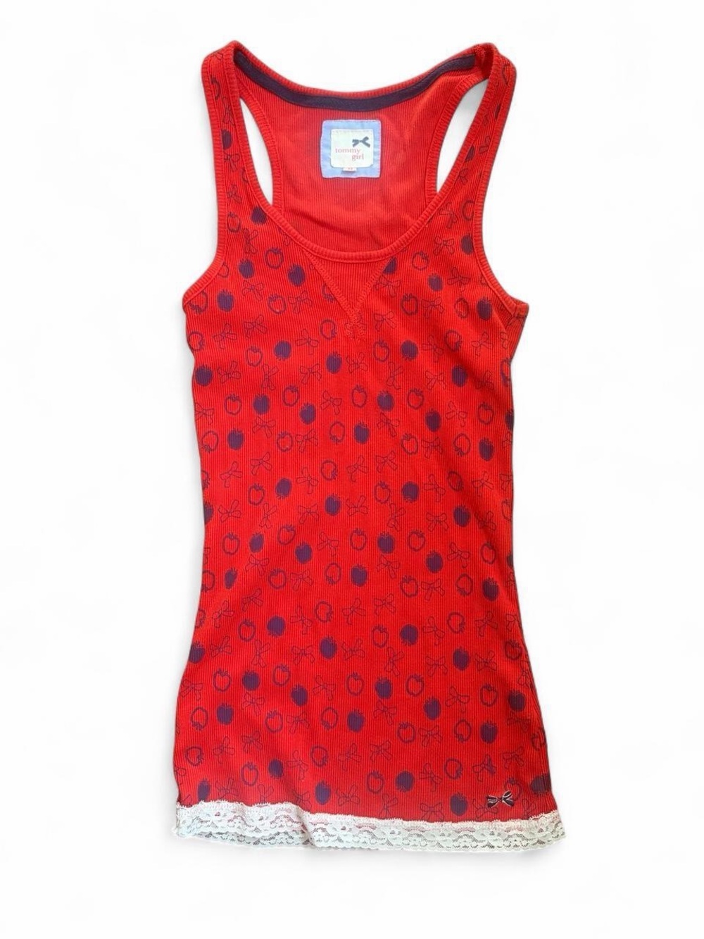 Tommy Hilfiger Tommy Girl Vintage Y2K Red Racerback Tank w Bow & Apple Print Med